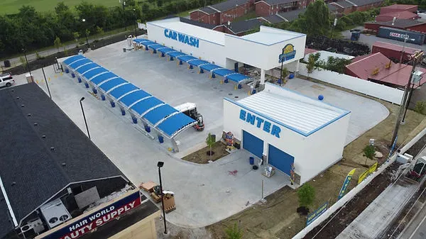 Aerial view of a completed car wash facility
