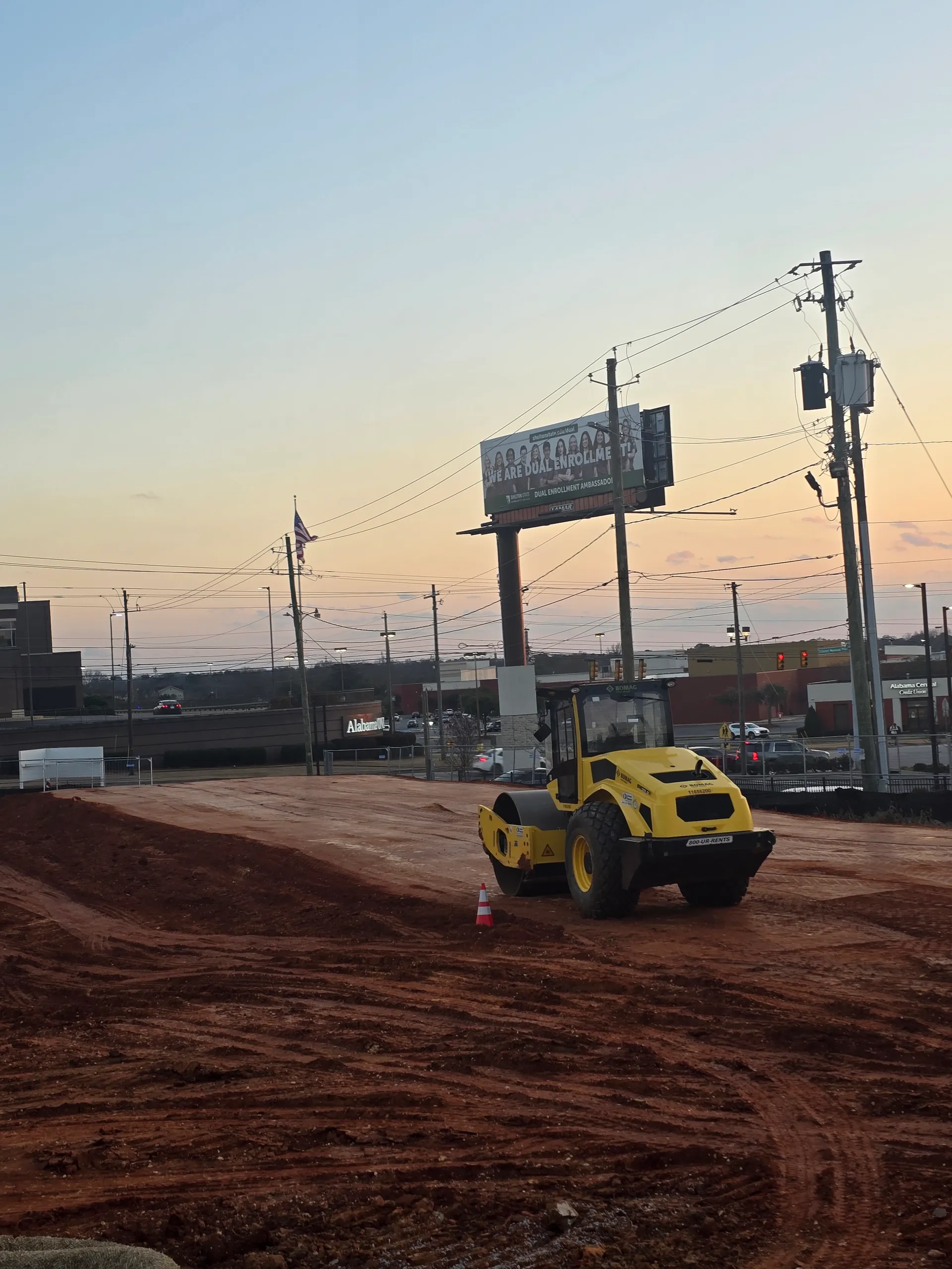 Road roller at a commercial site under construction