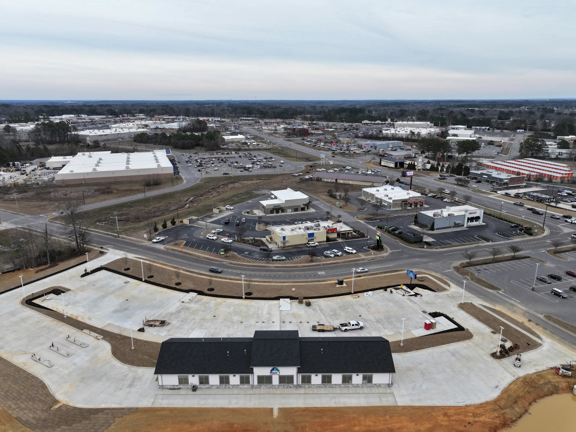 Aerial view of a completed car wash construction project