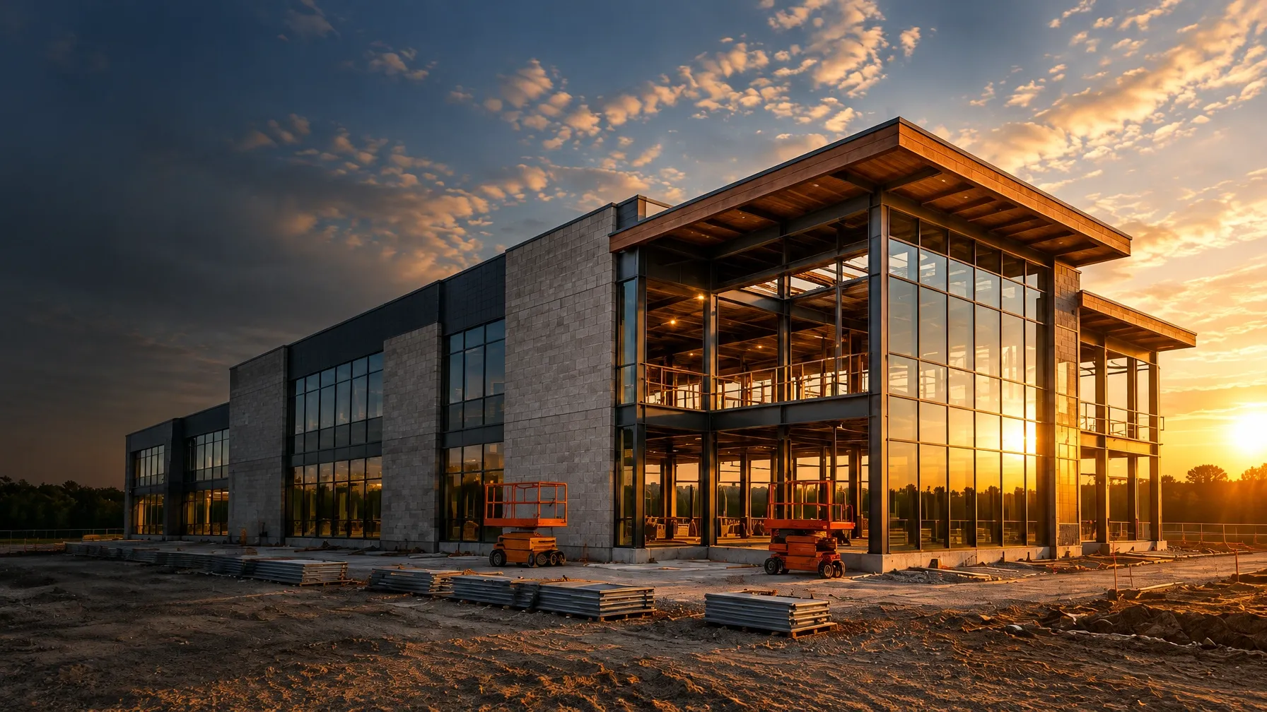Modern commercial building under construction at sunset
