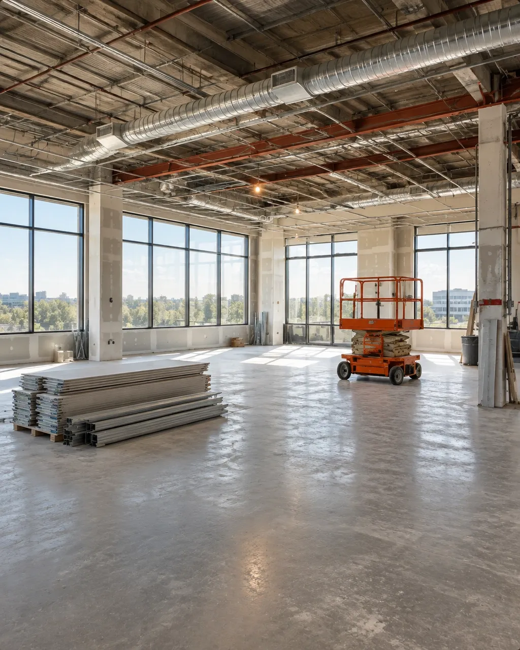 Commercial space being renovated with construction lift and exposed ceiling